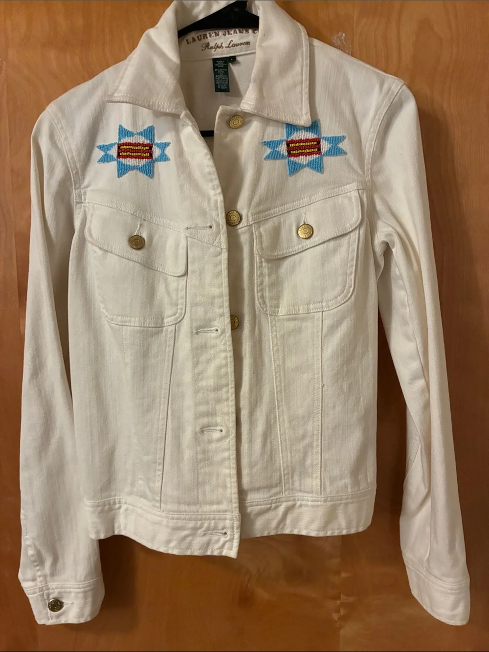 Ralph Lauren White Jean Jacket with Blue & Red Embroidered Stars - Picture 1 of 4